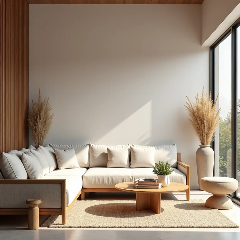 Detalhe de materiais naturais como madeira, rattan e linho em um ambiente boho minimalista