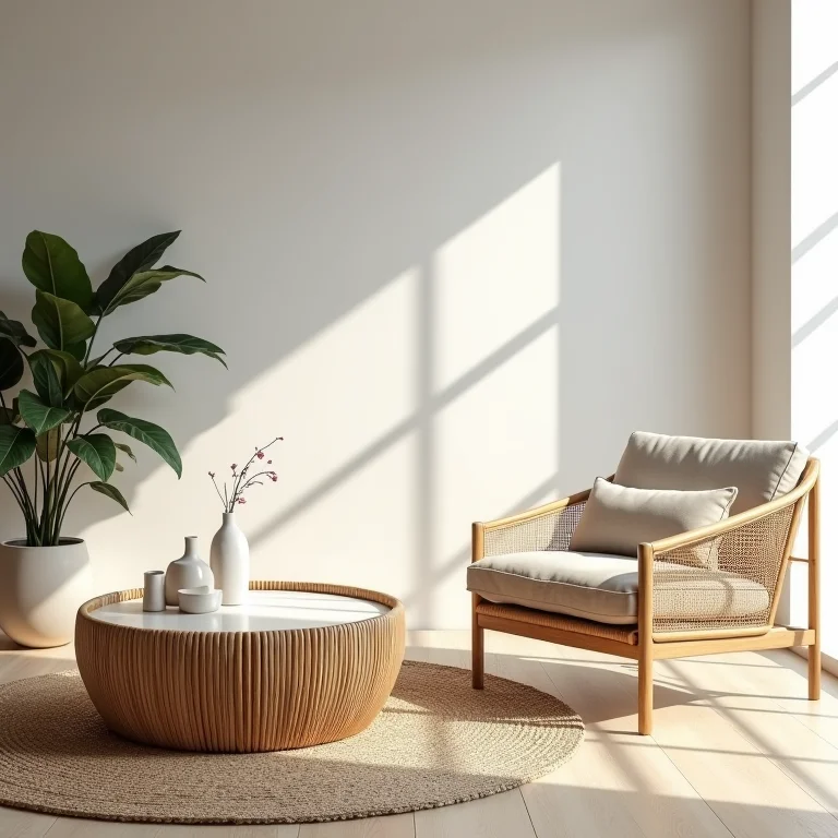 Detalhe de móveis e decoração com materiais naturais em estilo boho minimalista