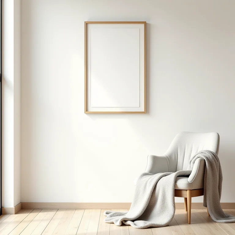 Detalhe de parede clara com arte minimalista e manta aconchegante.