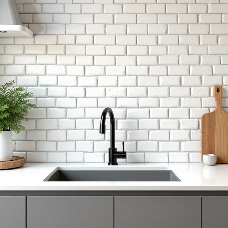 Detalhe de parede de tijolinho branco atrás da pia da cozinha