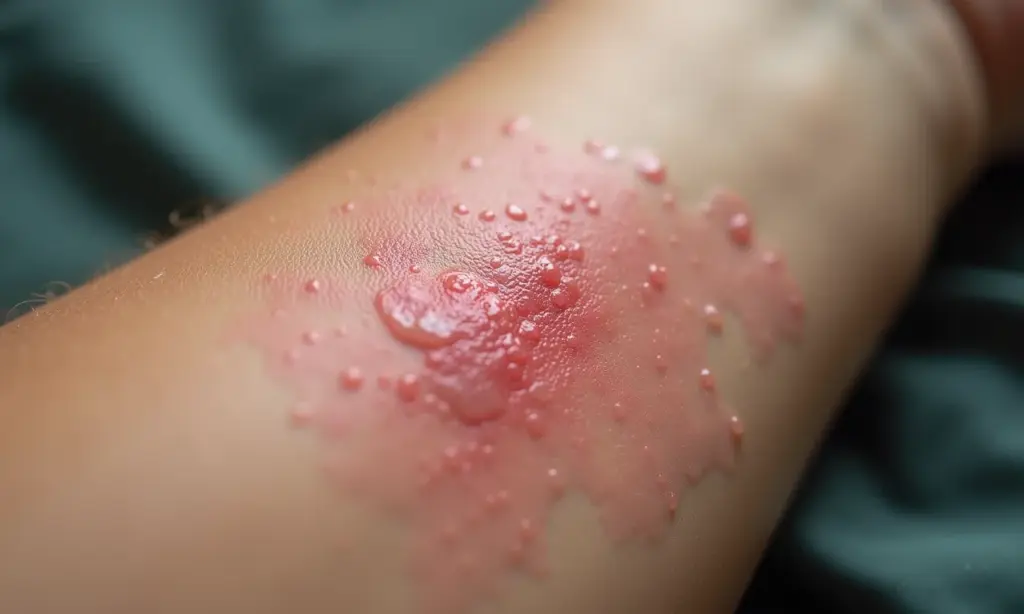 Detalhe de pele irritada com vermelhidão, sintoma de dermatite de contato.