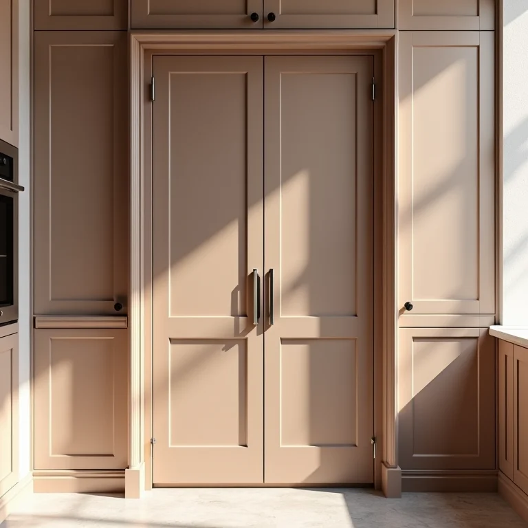 Detalhe de porta de armário de cozinha com design arrojado.
