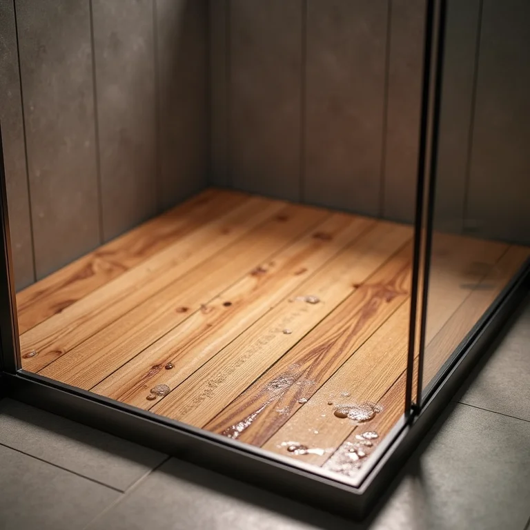 Detalhe de tapete de madeira de teca para box