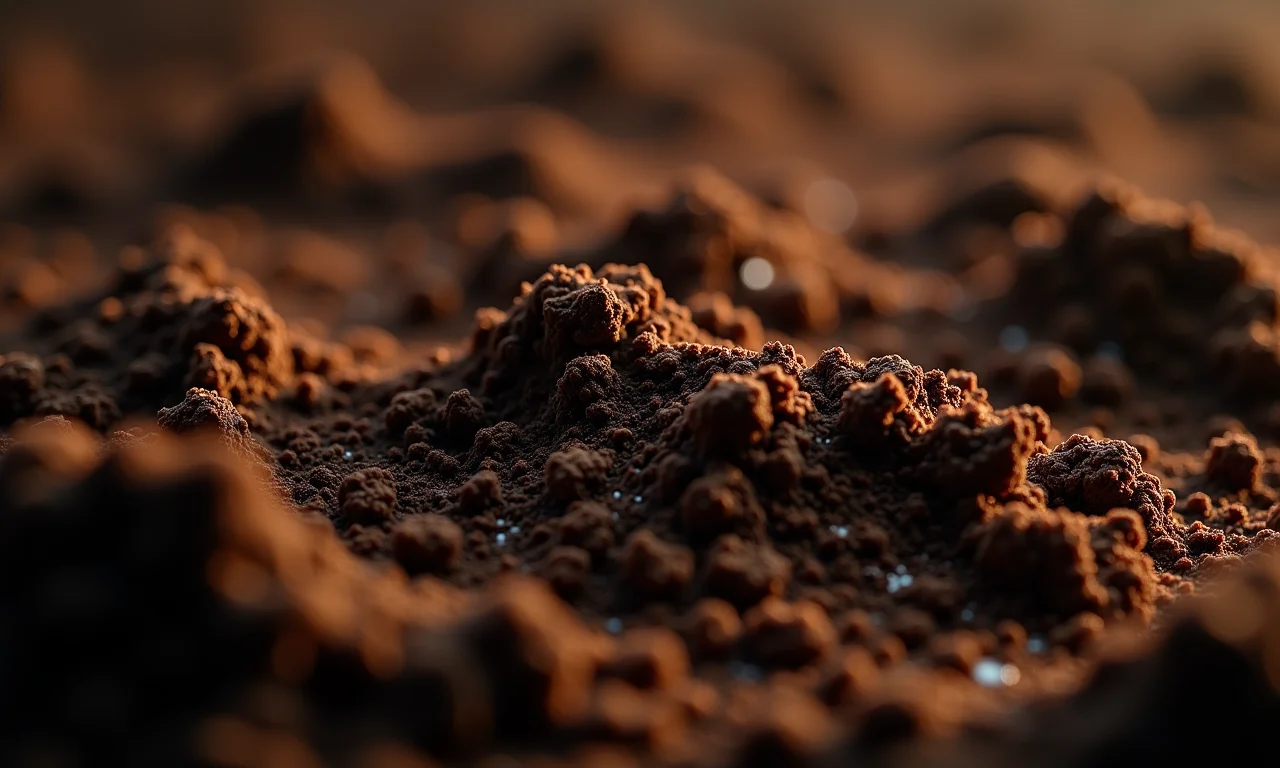 Detalhe de terra vegetal escura e rica, ideal para o cultivo de hortaliças.