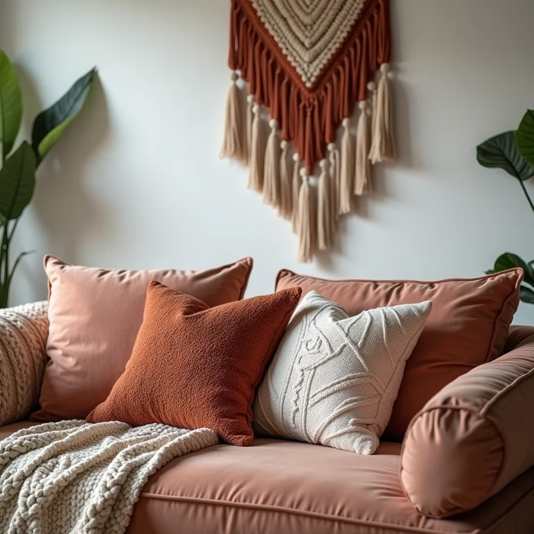 Detalhe de texturas em uma sala boho: tapete de lã, macramê e veludo