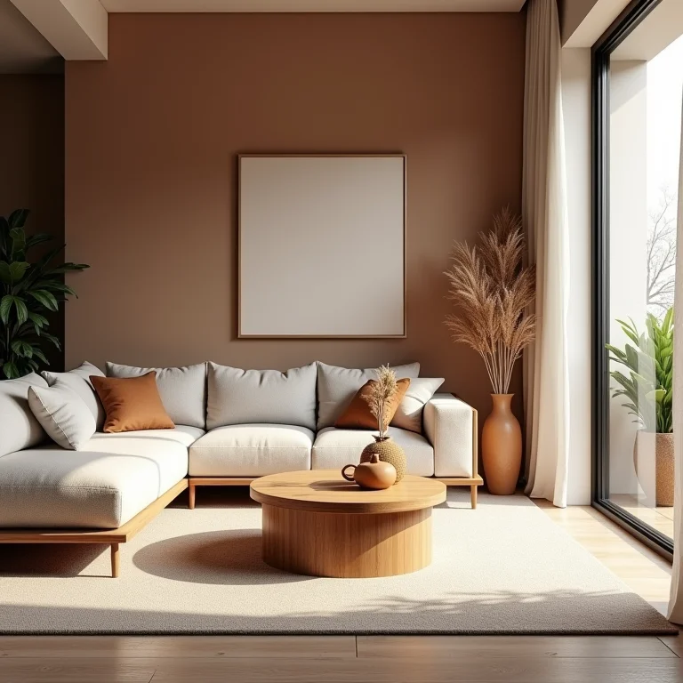 Detalhe de um ambiente com tons terrosos e texturas naturais.