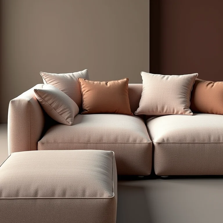 Detalhe de um sofá modular com almofadas macias e tecido texturizado.