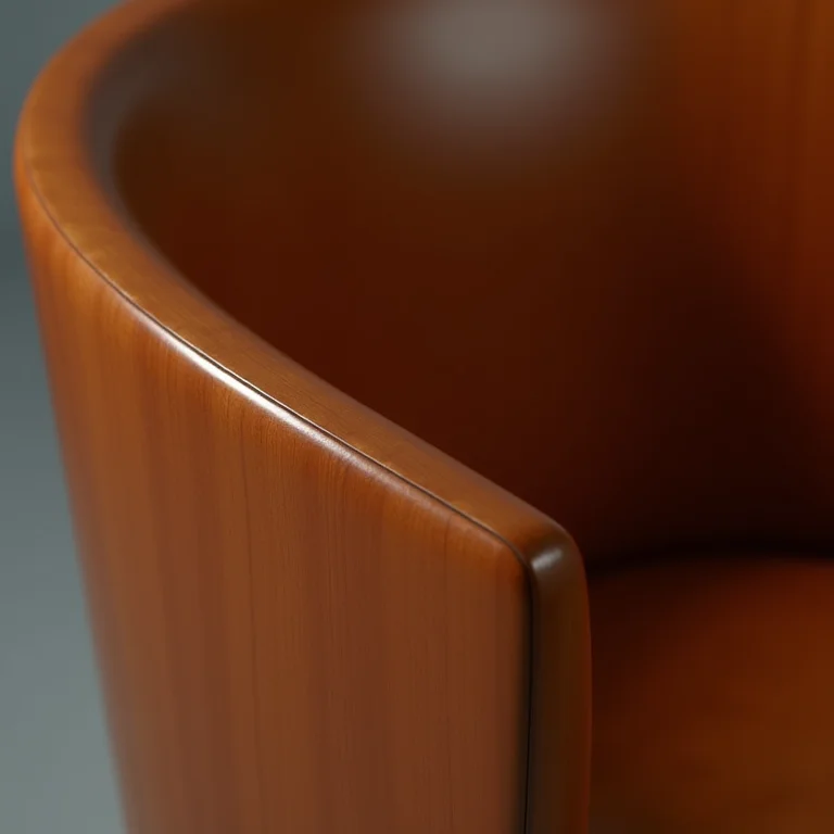 Detalhe de uma cadeira de madeira com acabamento em laca nitrocelulose.