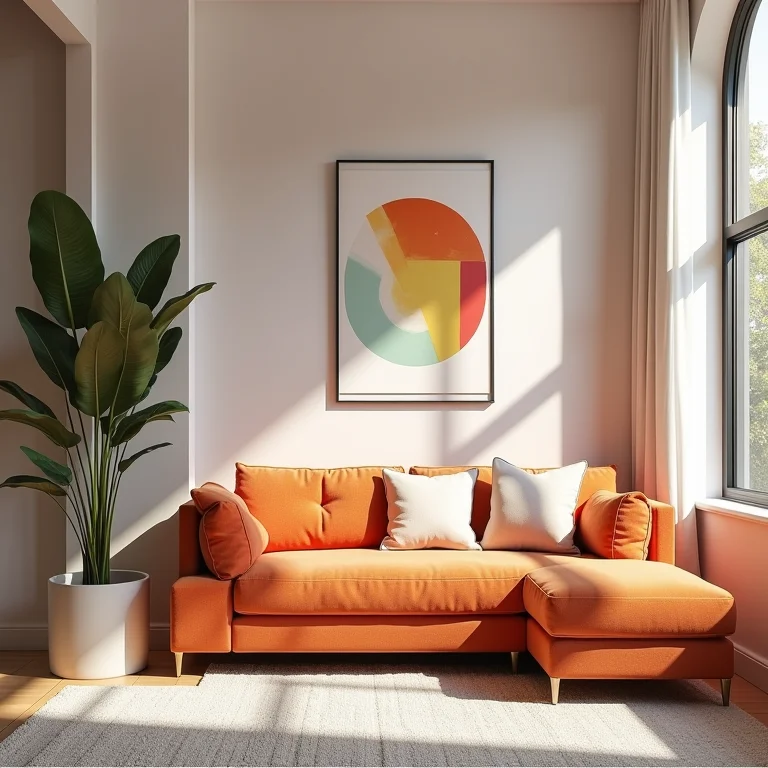 Detalhe de uma paleta de cores neutras com toques vibrantes em uma decoração boho minimalista