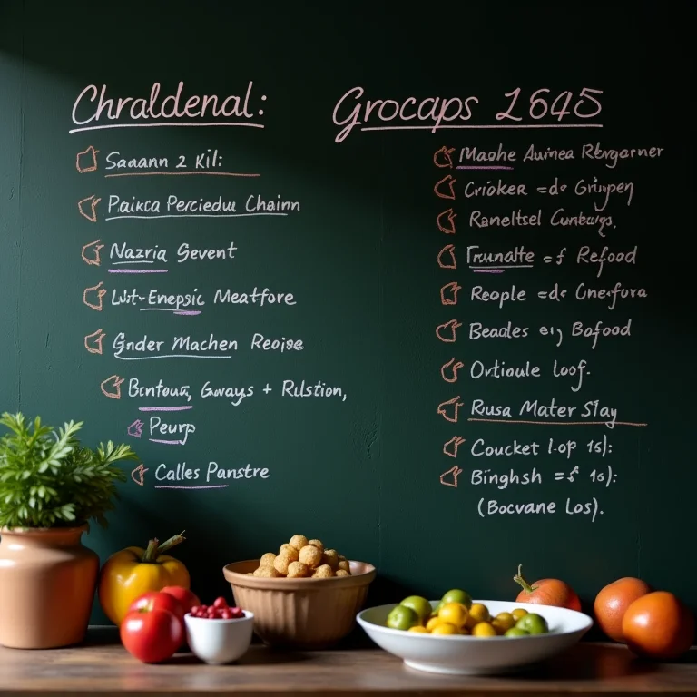 Detalhe de uma parede lousa na cozinha com receitas e lista de compras escritas à mão.