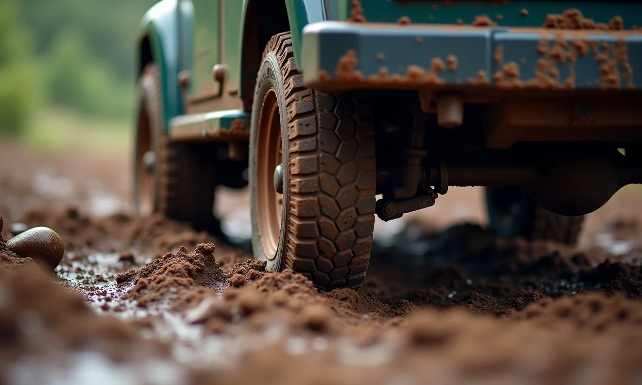 Detalhe do sistema de bloqueio de diferencial automático em ação na lama.