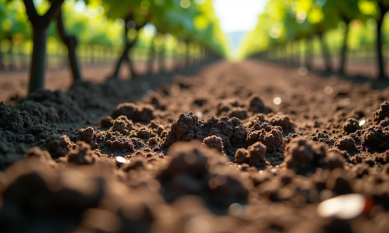 Detalhe do solo de vinhedo com diversas texturas, raízes entrelaçadas, influência no vinho.