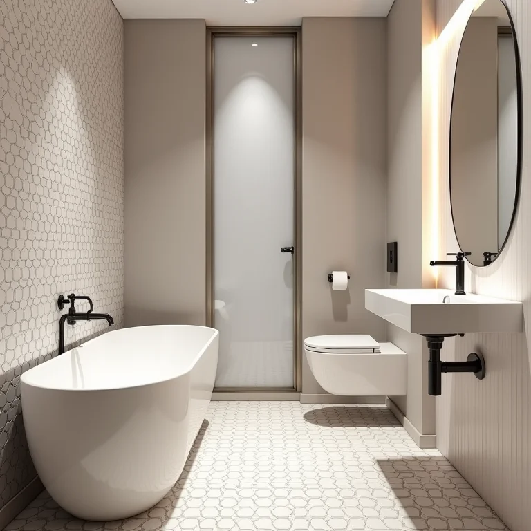 Detalhes das juntas de pastilhas em um banheiro pequeno.