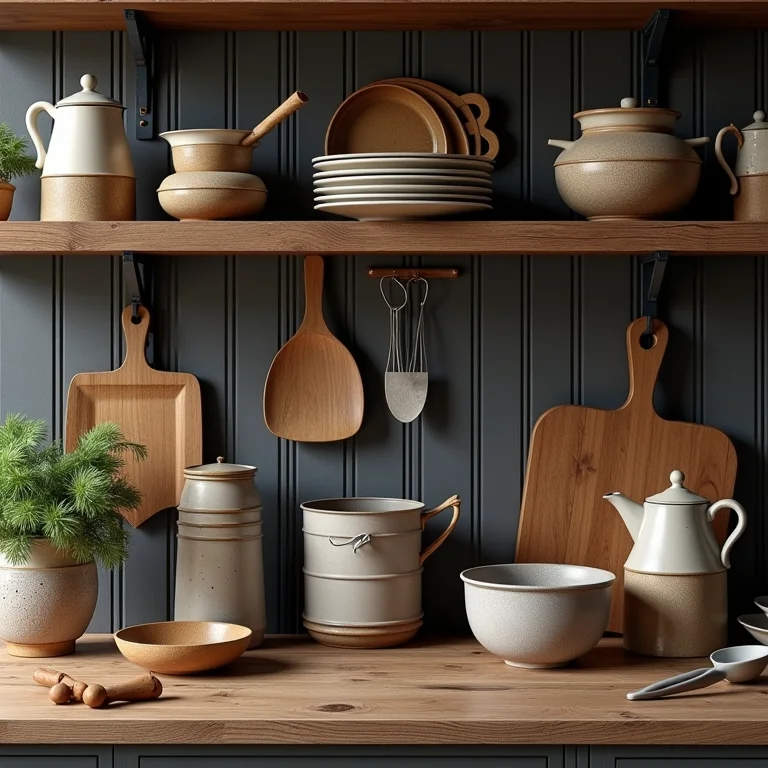 Detalhes decorativos em uma cozinha rústica, incluindo utensílios vintage