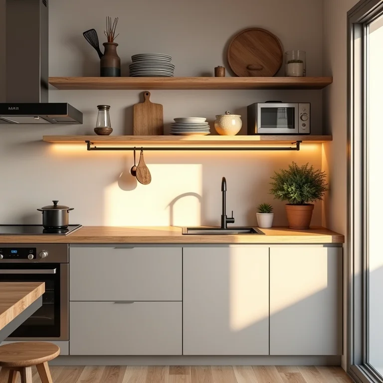 Detalhes em madeira em cozinha pequena