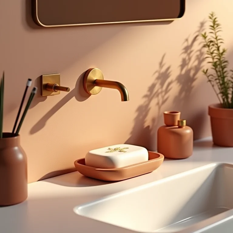 Detalhes em terracota em um banheiro moderno.