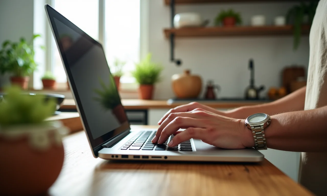 Digitando CNAE de cozinheiro no laptop em cozinha moderna.