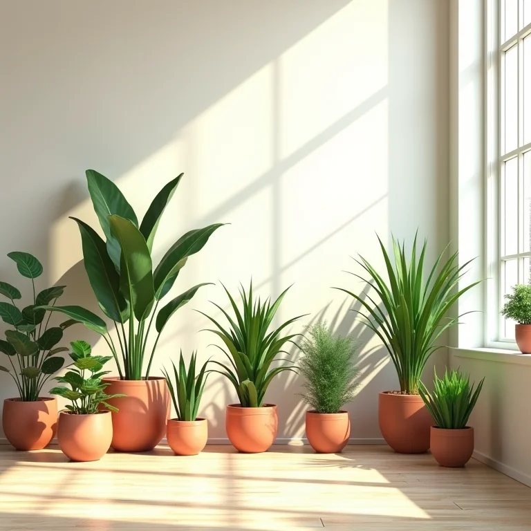 Diversas plantas em vasos dispostas criativamente em um espaço boho-minimalista arejado.