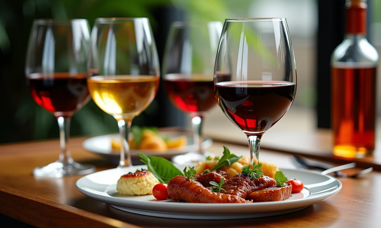 Diversas taças de vinho, notas de degustação, pratos brasileiros, descobrindo novos sabores.