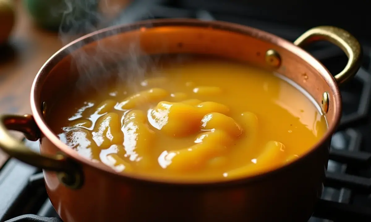 Doce de banana cremoso caseiro cozinhando em panela de cobre.