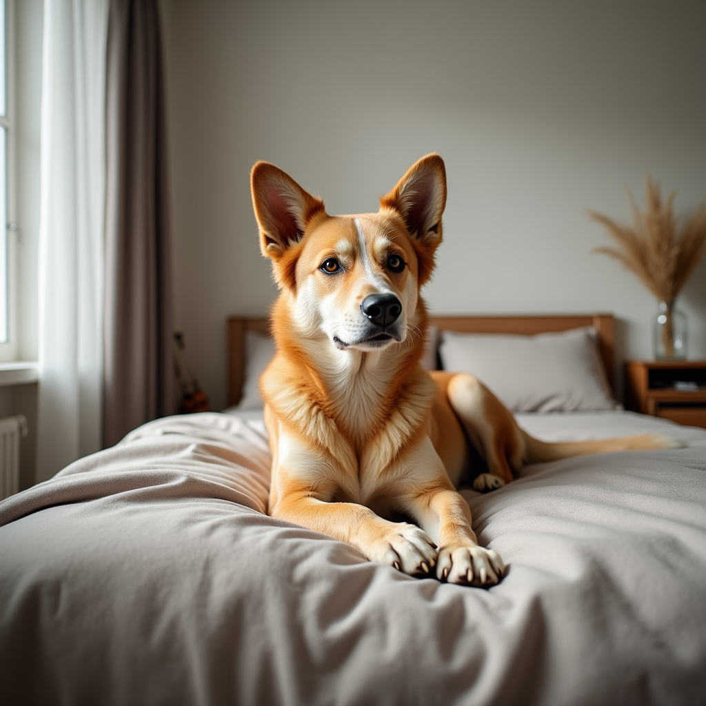 Dog in a quiet room during home renovation, comfortable bed, safe space, natural light, Cachorro em espaço seguro durante reforma residencial.