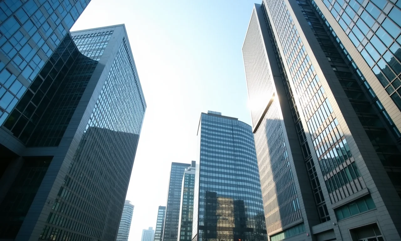 Edifícios de escritórios modernos no distrito comercial de Tóquio, representando as oportunidades econômicas da cidade.