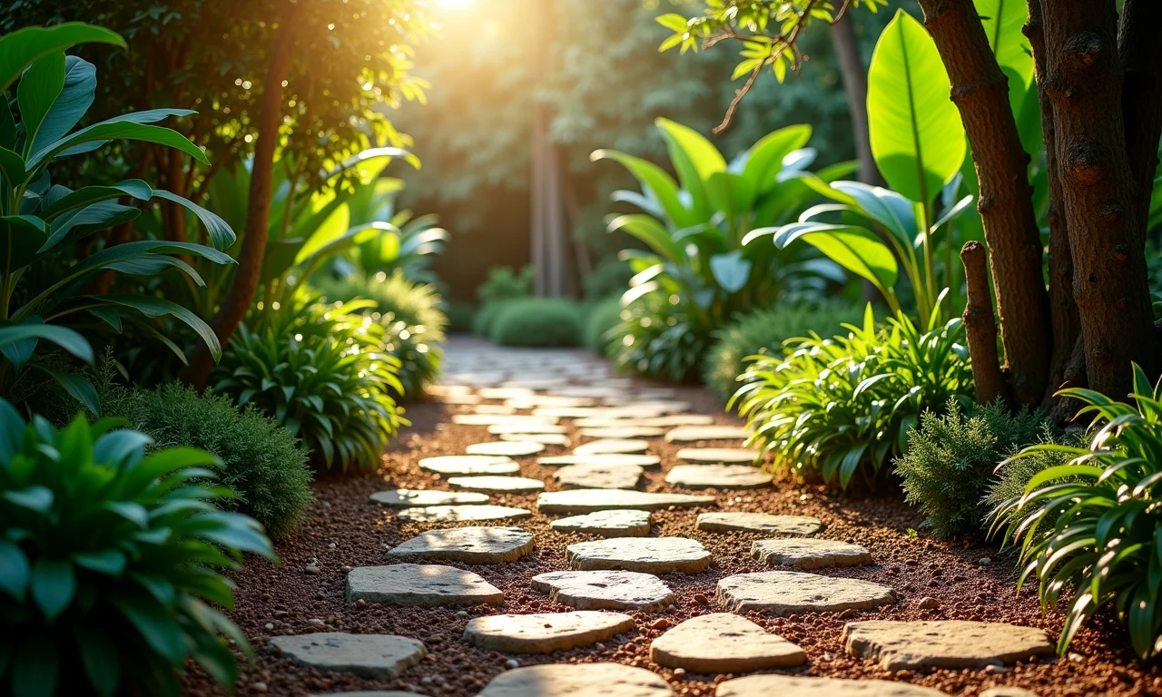 Elegante caminho rústico de pedras naturais em jardim brasileiro.