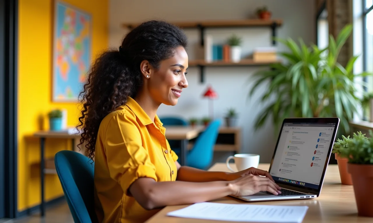 Empreendedora gerenciando MEI em escritório colorido com dicas extras.