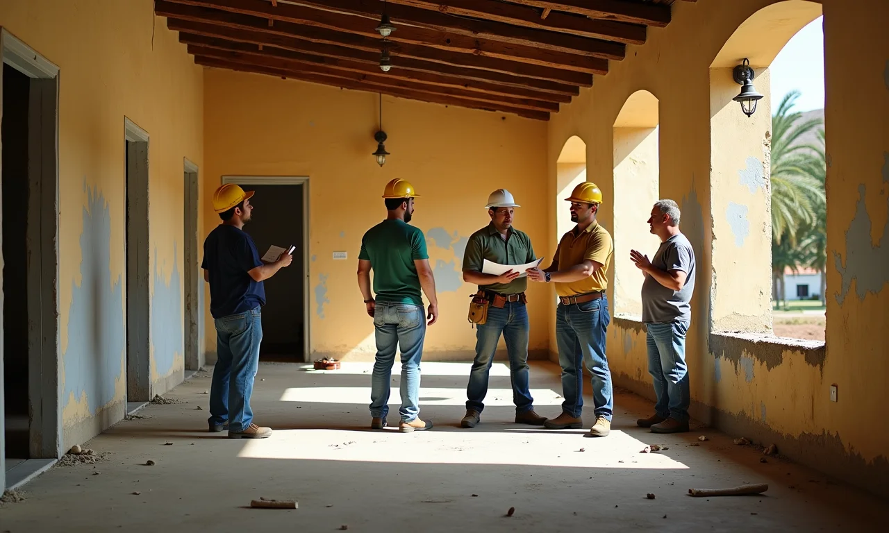 Empreiteiros avaliando necessidades de reforma em centro cultural brasileiro.