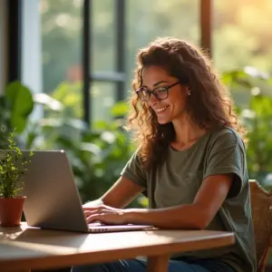 Empresária brasileira usando ChatGPT no laptop em escritório ensolarado com decoração vibrante.