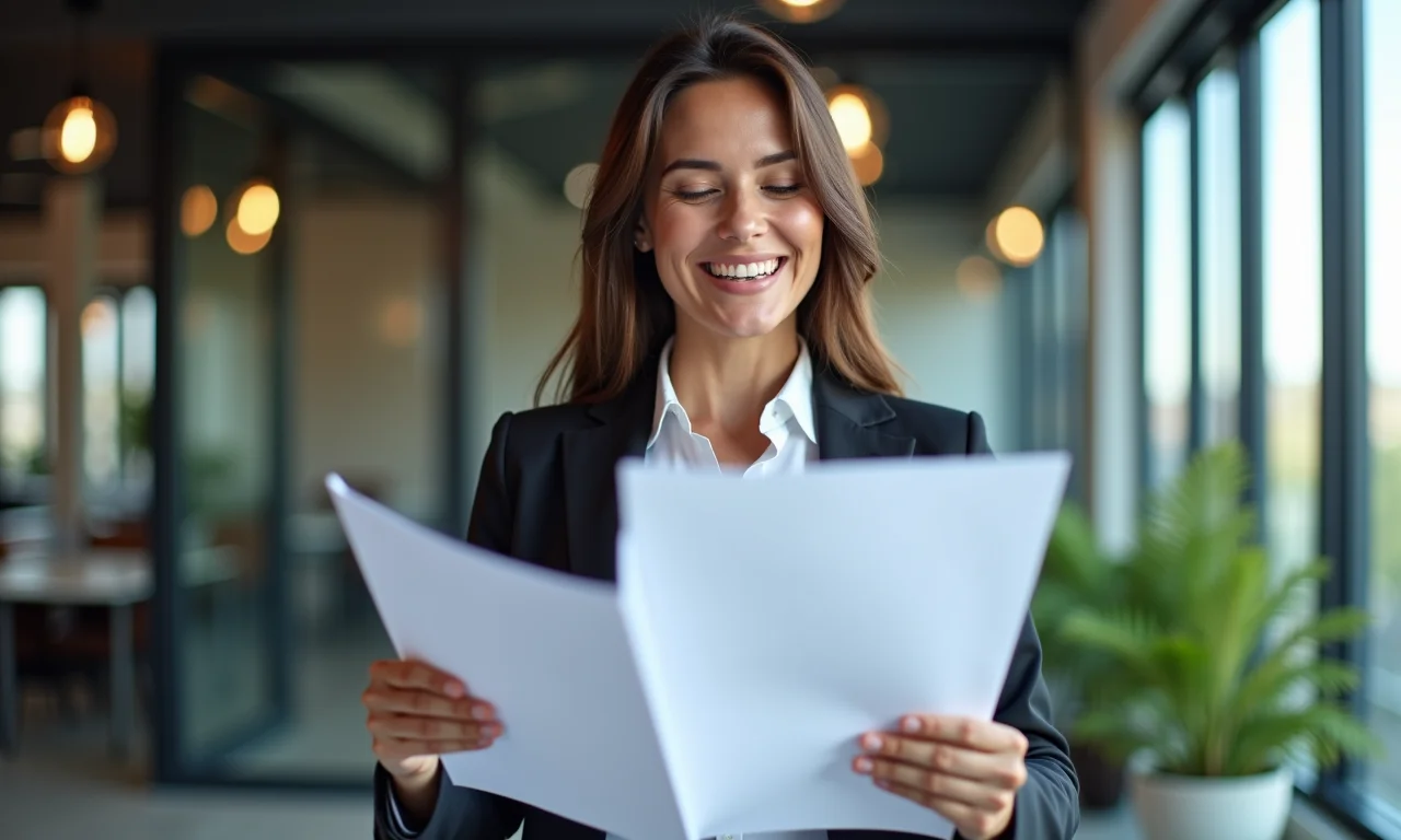 Empresária examinando documentos de registro de marca em escritório moderno.