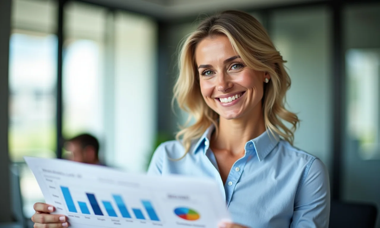 Empresária sorrindo ao analisar gráfico de planejamento de custos MEI.