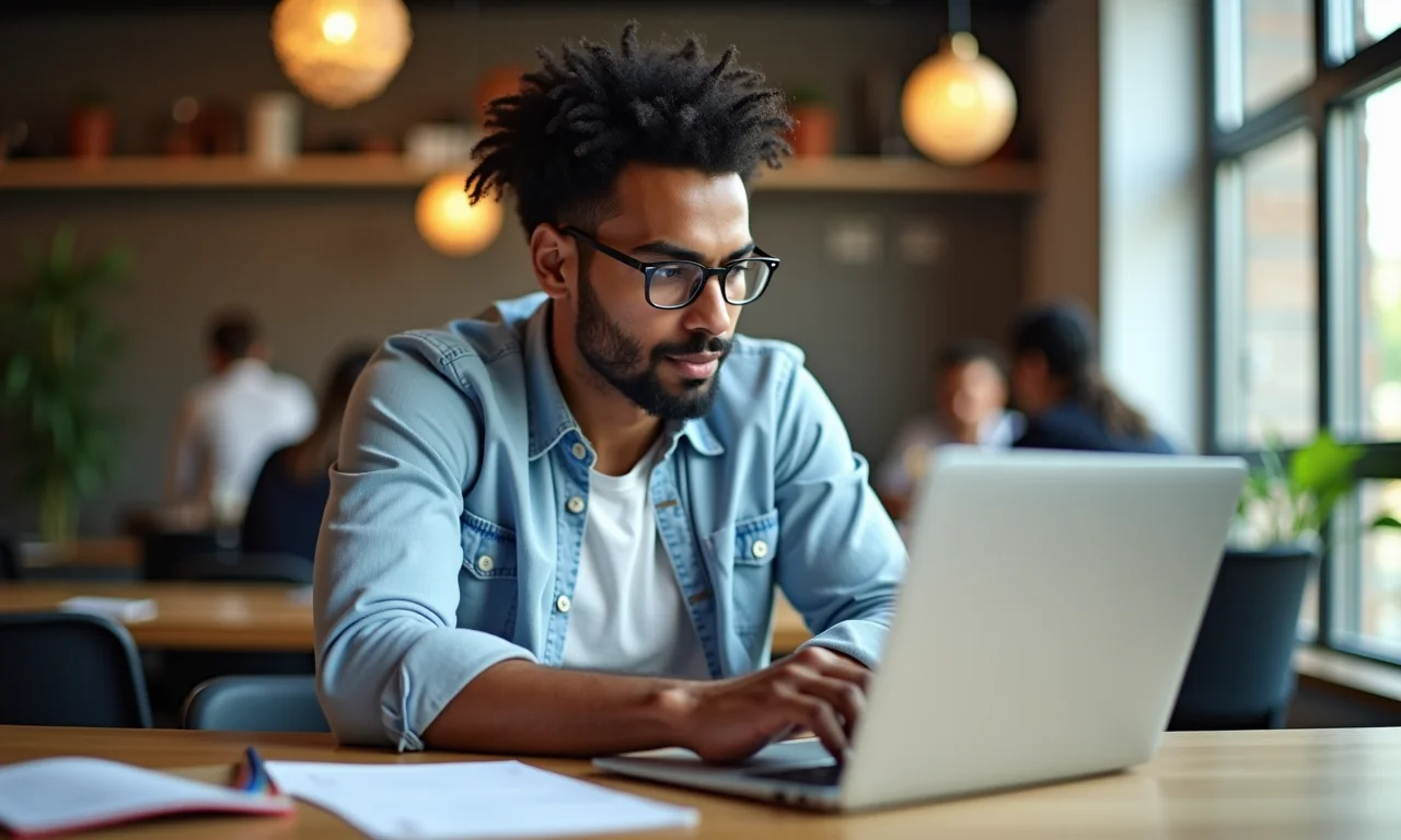 Empresário pesquisando salários de mercado em laptop.