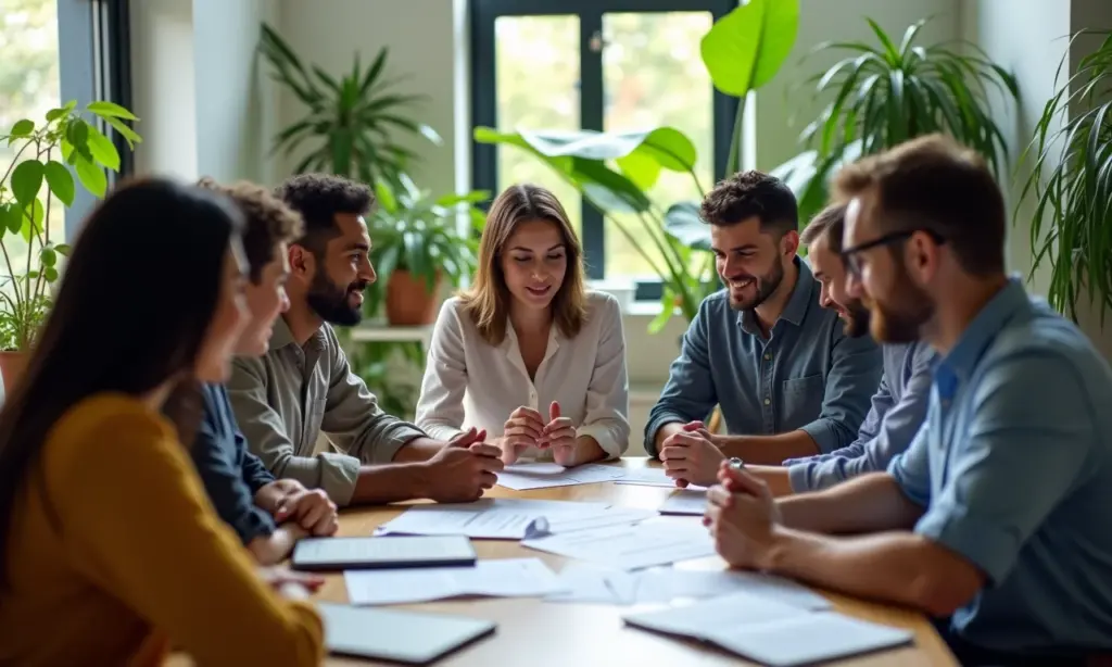 Empresários brasileiros diversos discutem finanças em escritório vibrante.