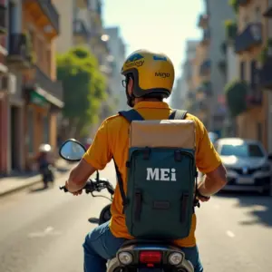 Entregador autônomo de moto, usando identificação MEI, entregando encomenda em rua ensolarada do Rio de Janeiro.