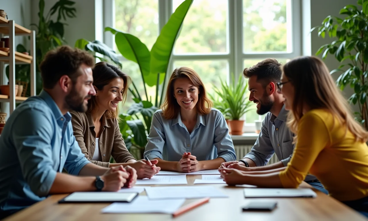 Equipe analisando perfis de clientes em reunião de brainstorming.