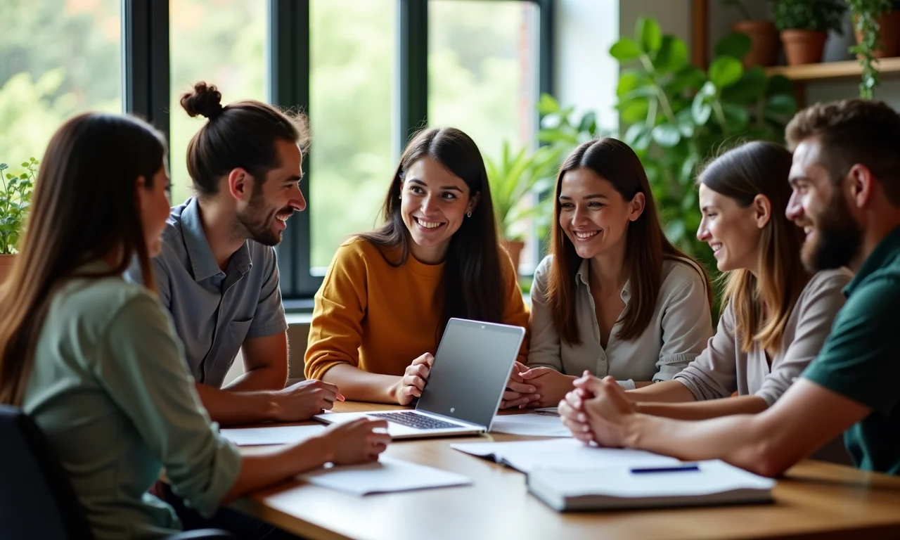 Equipe dando feedback para um gerente em um ambiente de trabalho positivo.
