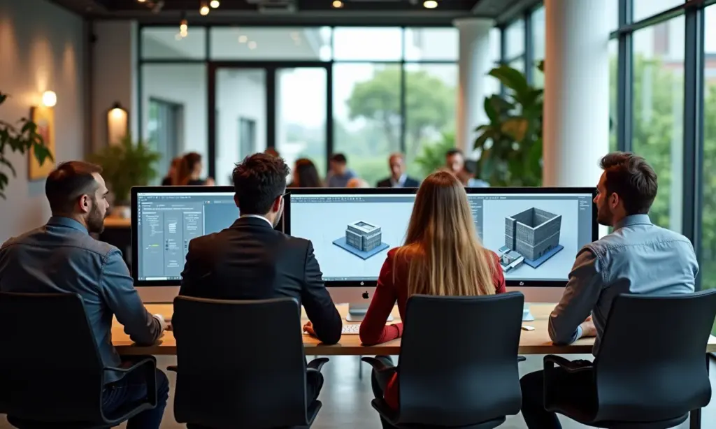 Equipe de arquitetos trabalhando em software de modelagem 3D em escritório moderno e iluminado.