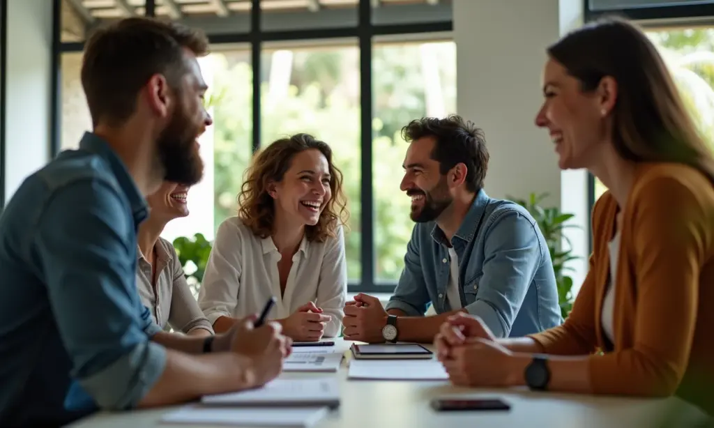 Equipe diversa colaborando em escritório moderno, discutindo estratégias e celebrando o sucesso.