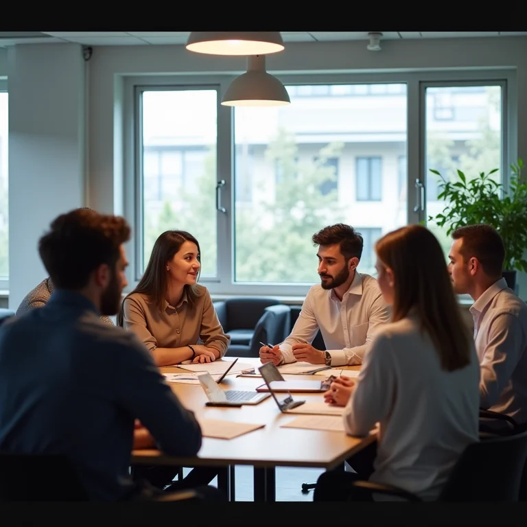 Equipe diversa colaborando em um escritório bem iluminado