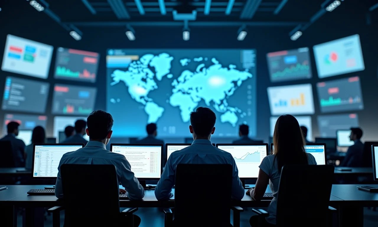 Equipe diversa monitorando dados em tempo real, representando monitoramento constante.