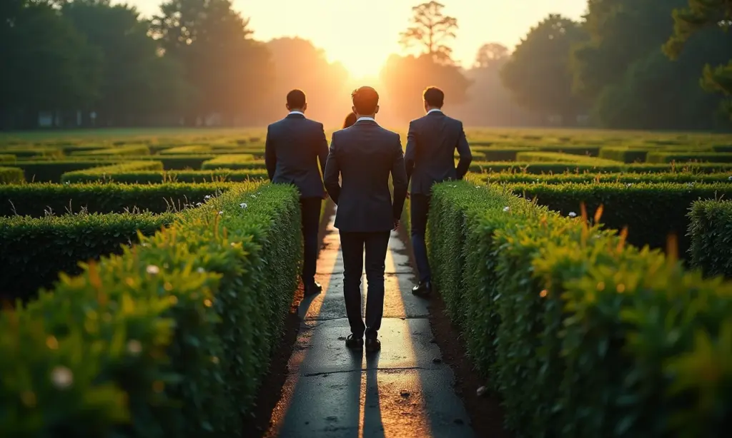 Equipe diversa navegando labirinto complexo, simbolizando gestão de crises.