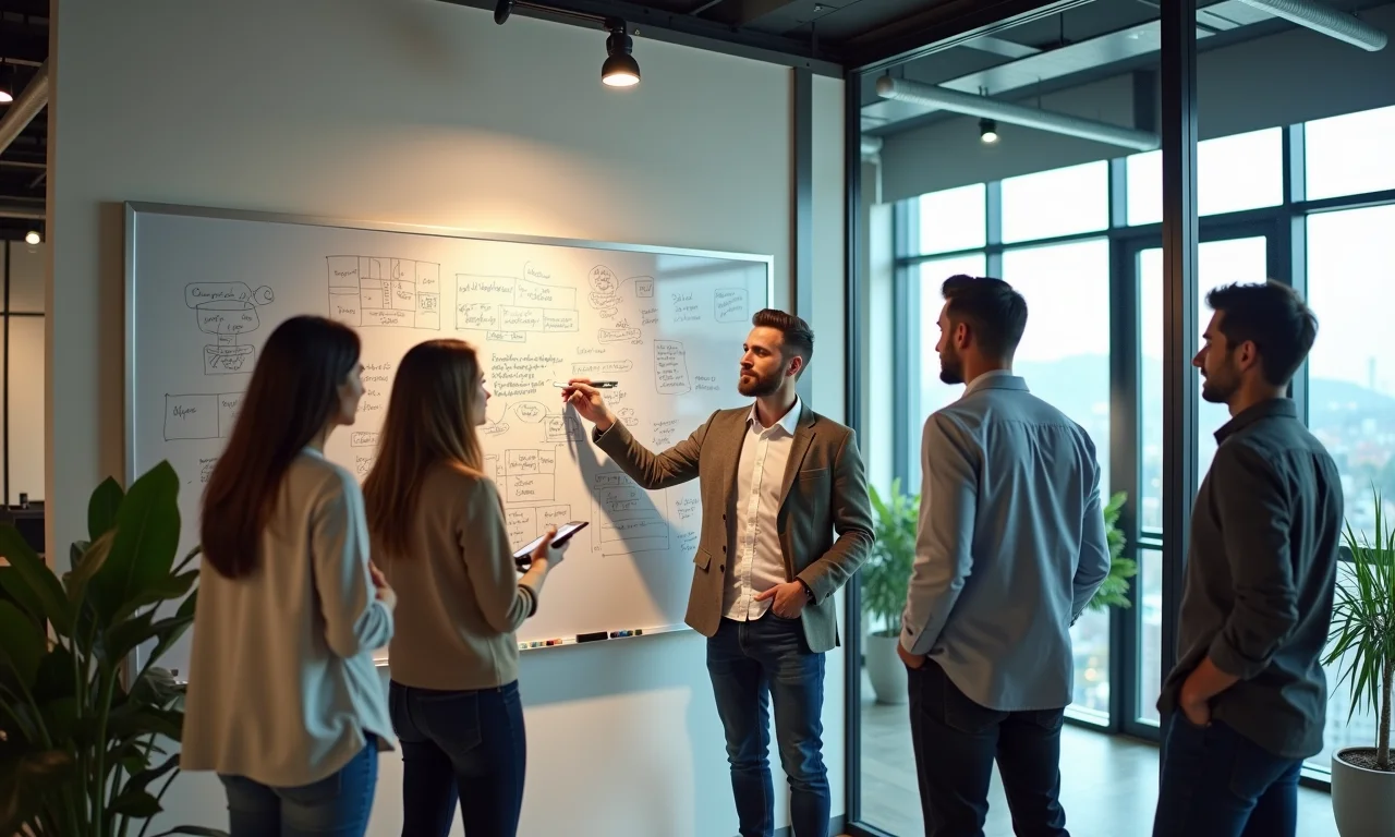 Equipe em espaço de trabalho aberto discutindo ideias em um quadro branco, paredes de vidro transparentes.