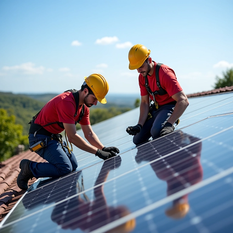 Equipe instalando painéis solares em telhado no Brasil, demonstrando profissionalismo.