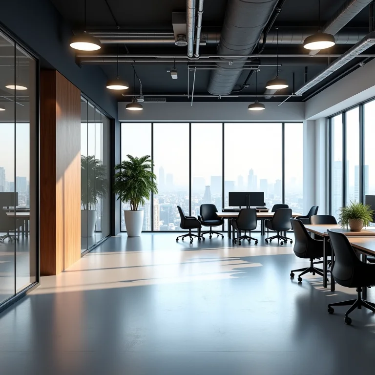 Escritório com iluminação natural e luminárias ajustáveis
