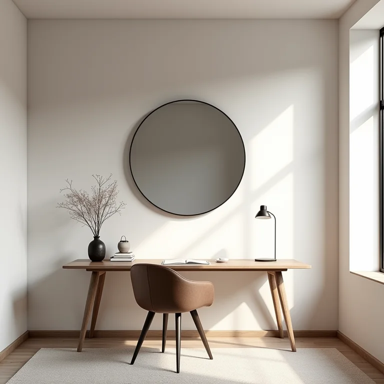 Escritório em casa com espelho redondo sobre a mesa.