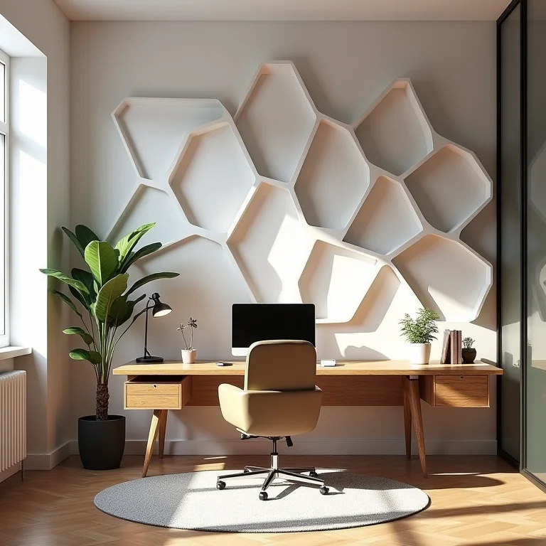 Escritório em casa com papel de parede 3D geométrico.