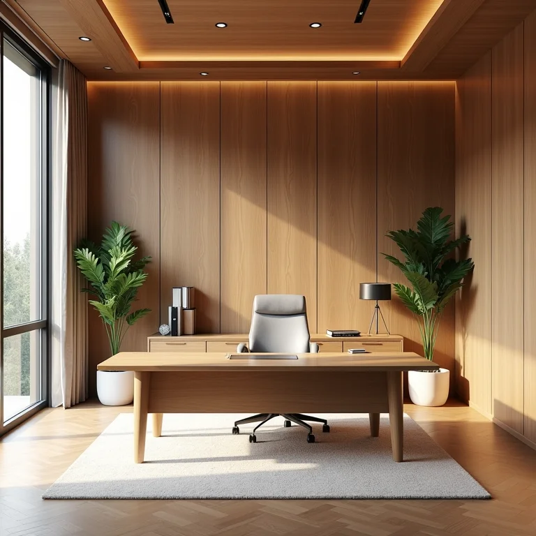 Escritório inspirador com papel de parede 3D imitando madeira.