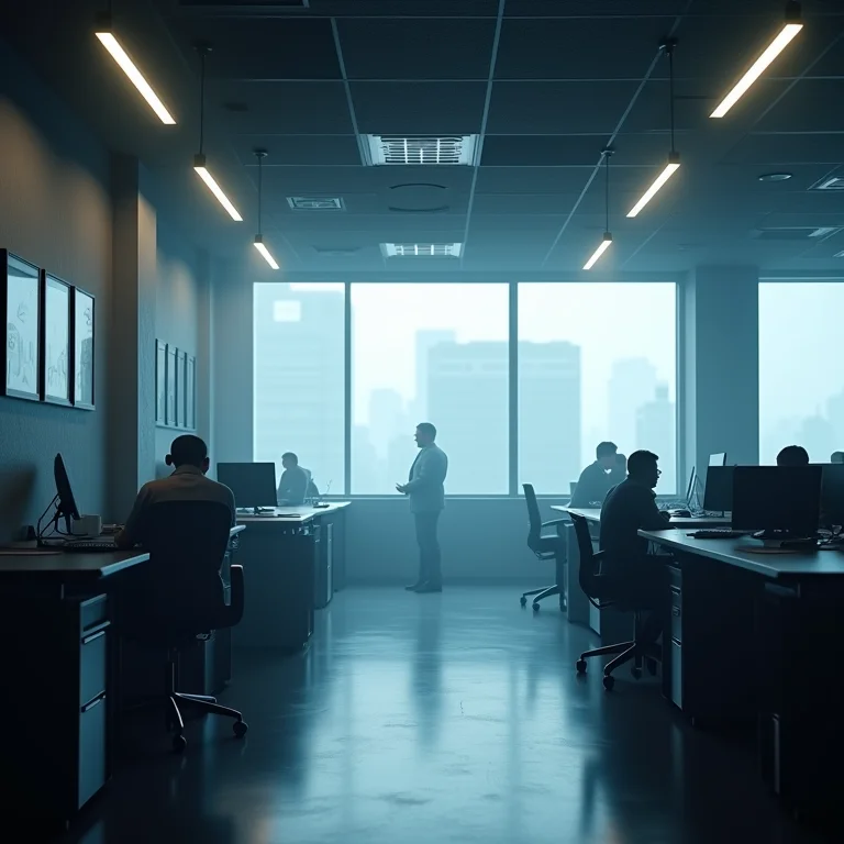 Escritório mal iluminado e ventilado afetando o bem-estar dos funcionários.