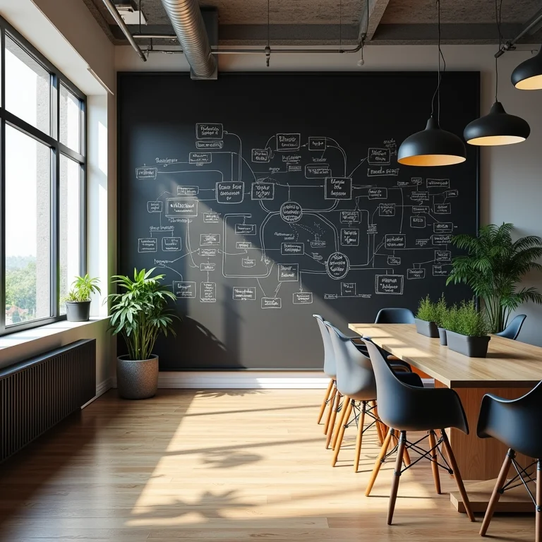 Escritório moderno com parede lousa para brainstorming.